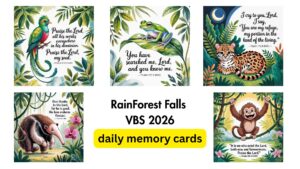 Rainforest Falls VBS 2026 Daily Memory Verse Cards – Bible Buddies & Scripture Set